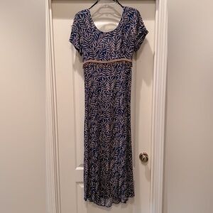 Blue and Tan Botanical Print. Size 10 CDC Midi Dress.